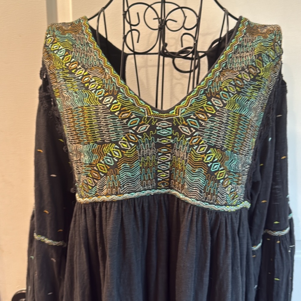 Free People Embroidered Much Love Tunic-Dress - Crochet Trim - Small - Picture 5 of 11